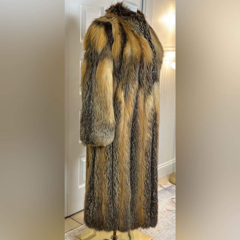 Long Golden Brown Fox Fur Trench Coat - Picture 2 of 14